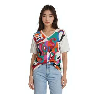 Vintage Cervelle Sweater Women's Size Large White Abstract Sequin Knit Y2K 80's